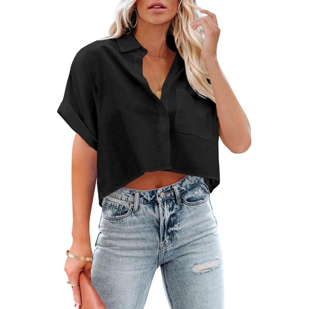 imageTankaneo Womens Button Down Cropped Shirts Long Sleeve Casual Crop Tops Solid Lapel Blouse Shirt with Chest Pocket19black