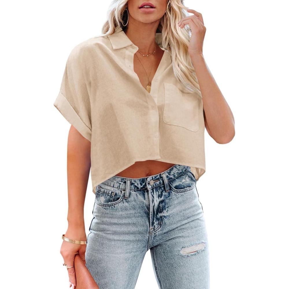 imageTankaneo Womens Button Down Cropped Shirts Long Sleeve Casual Crop Tops Solid Lapel Blouse Shirt with Chest Pocket22beige
