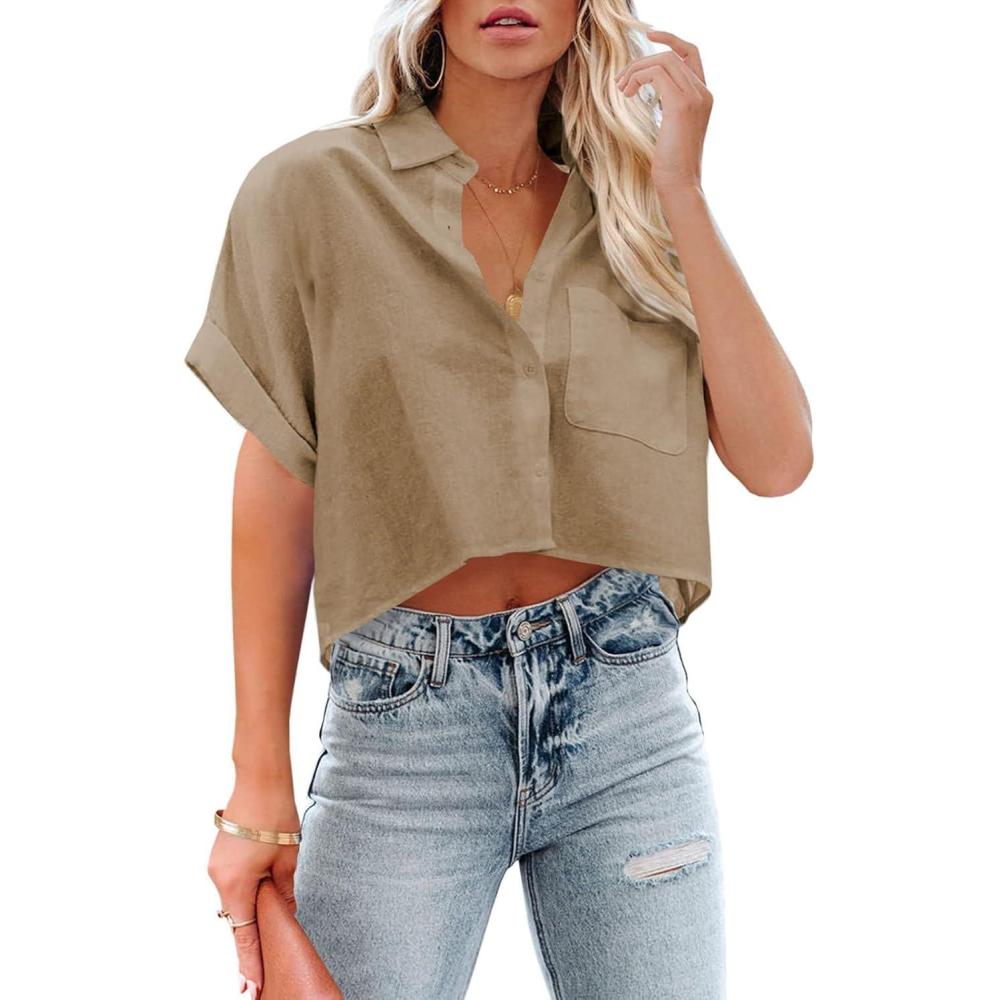 imageTankaneo Womens Button Down Cropped Shirts Long Sleeve Casual Crop Tops Solid Lapel Blouse Shirt with Chest Pocket23khaki