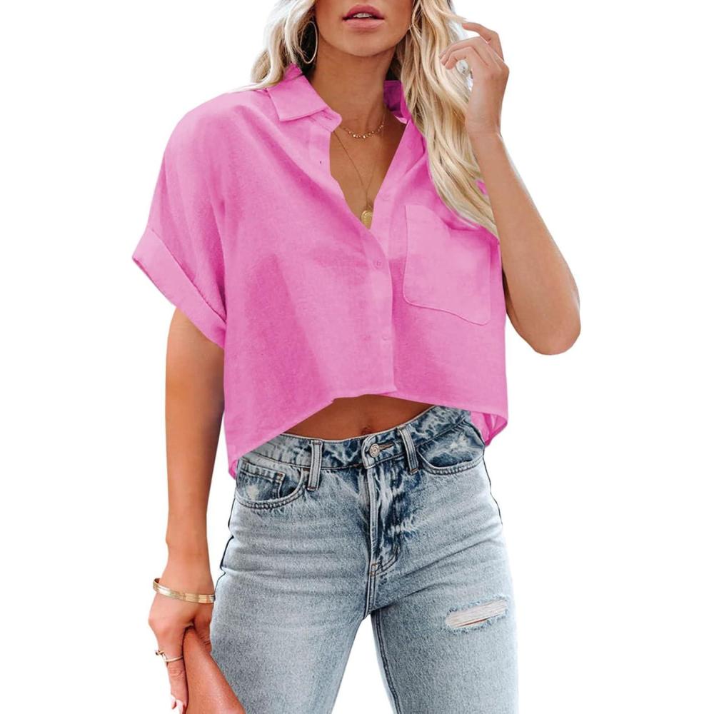 imageTankaneo Womens Button Down Cropped Shirts Long Sleeve Casual Crop Tops Solid Lapel Blouse Shirt with Chest Pocket24rose Red