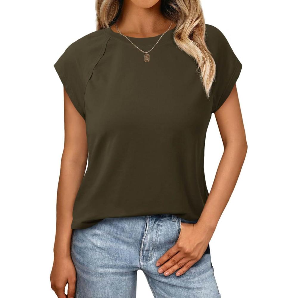 imageTankaneo Womens Cap Sleeve Tank Tops Summer Casual Crew Neck Cotton TShirts Loose Fit Basic Tee ShirtsArmy Green