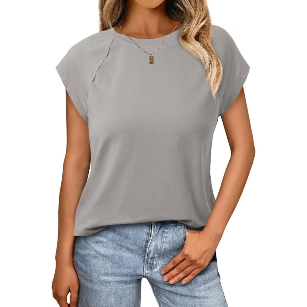 imageTankaneo Womens Cap Sleeve Tank Tops Summer Casual Crew Neck Cotton TShirts Loose Fit Basic Tee ShirtsGrey