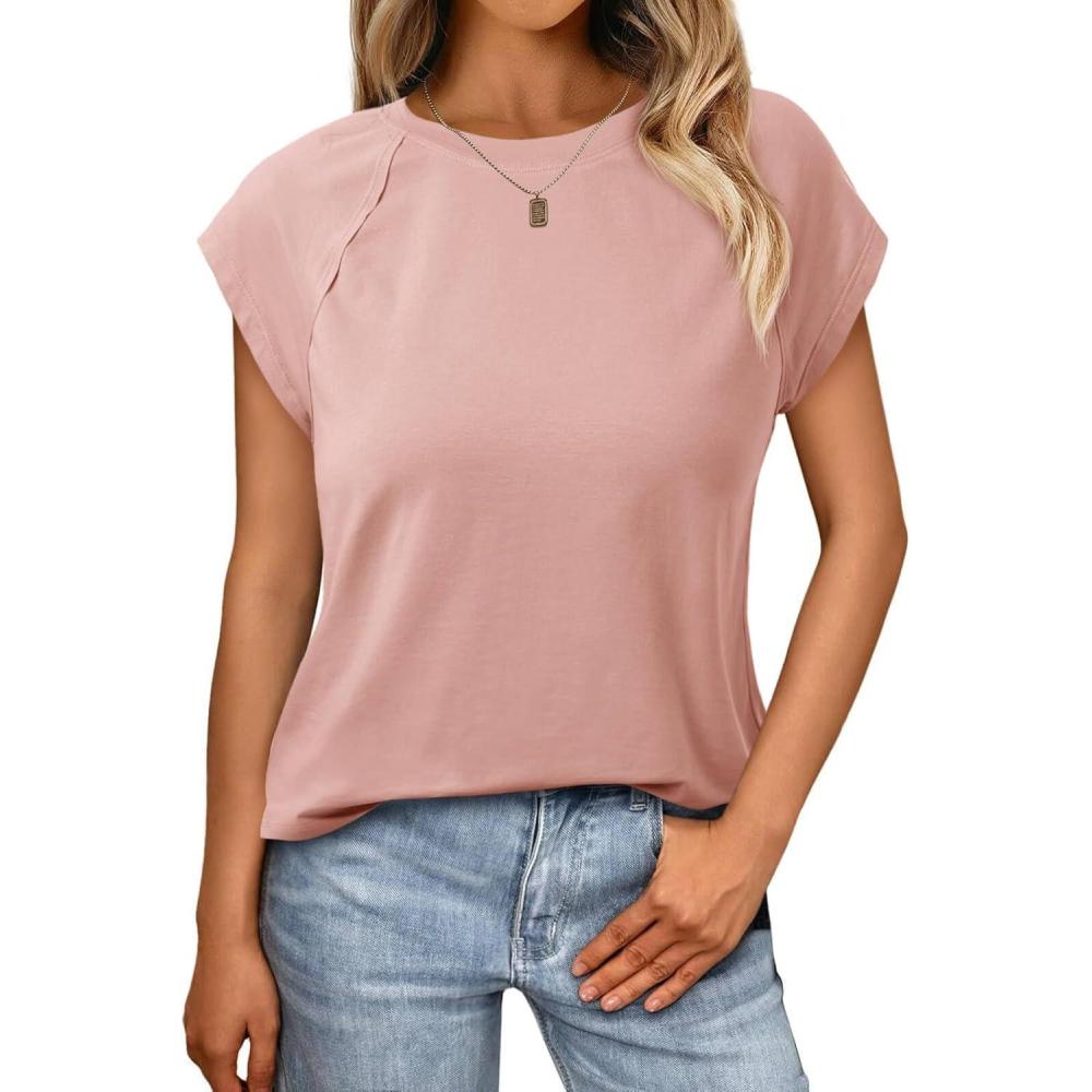 imageTankaneo Womens Cap Sleeve Tank Tops Summer Casual Crew Neck Cotton TShirts Loose Fit Basic Tee ShirtsPink