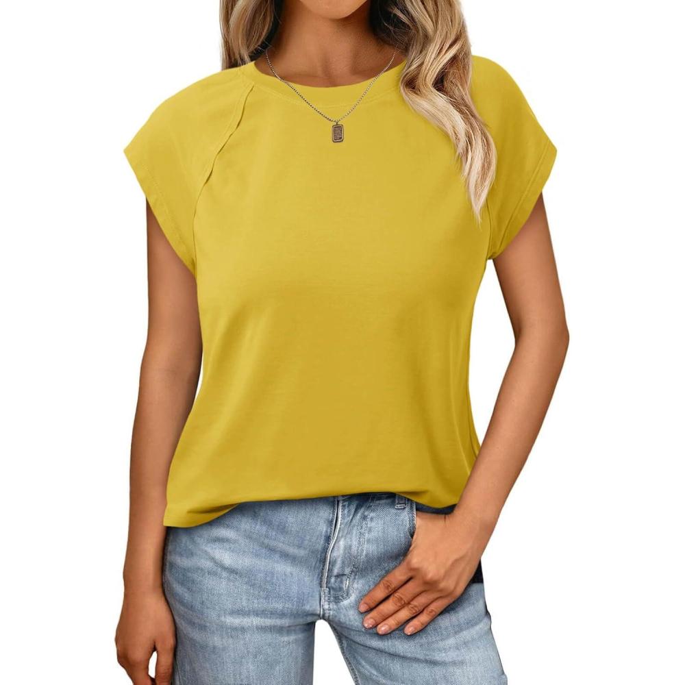 imageTankaneo Womens Cap Sleeve Tank Tops Summer Casual Crew Neck Cotton TShirts Loose Fit Basic Tee ShirtsYellow