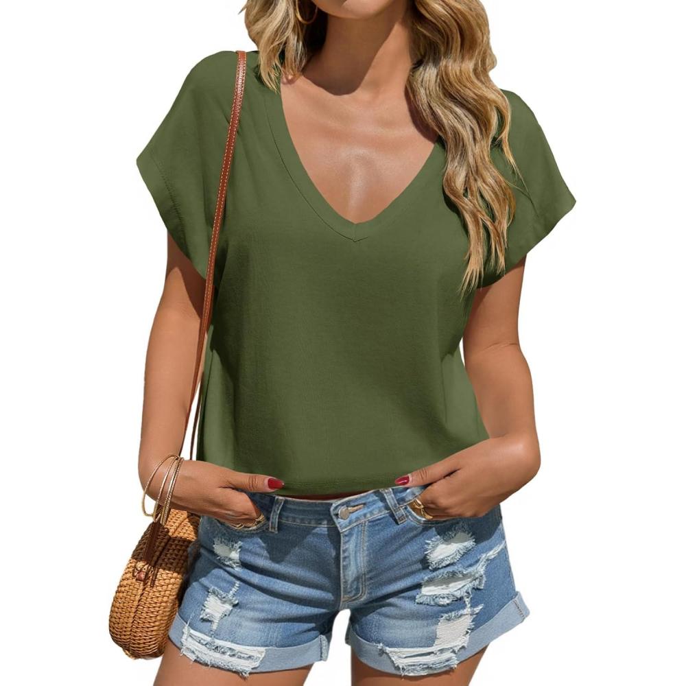 imageTankaneo Womens Cropped Deep V Neck T Shirts Summer Casual Short Cap Sleeve Tops Loose Fit Basic TeeArmy Green