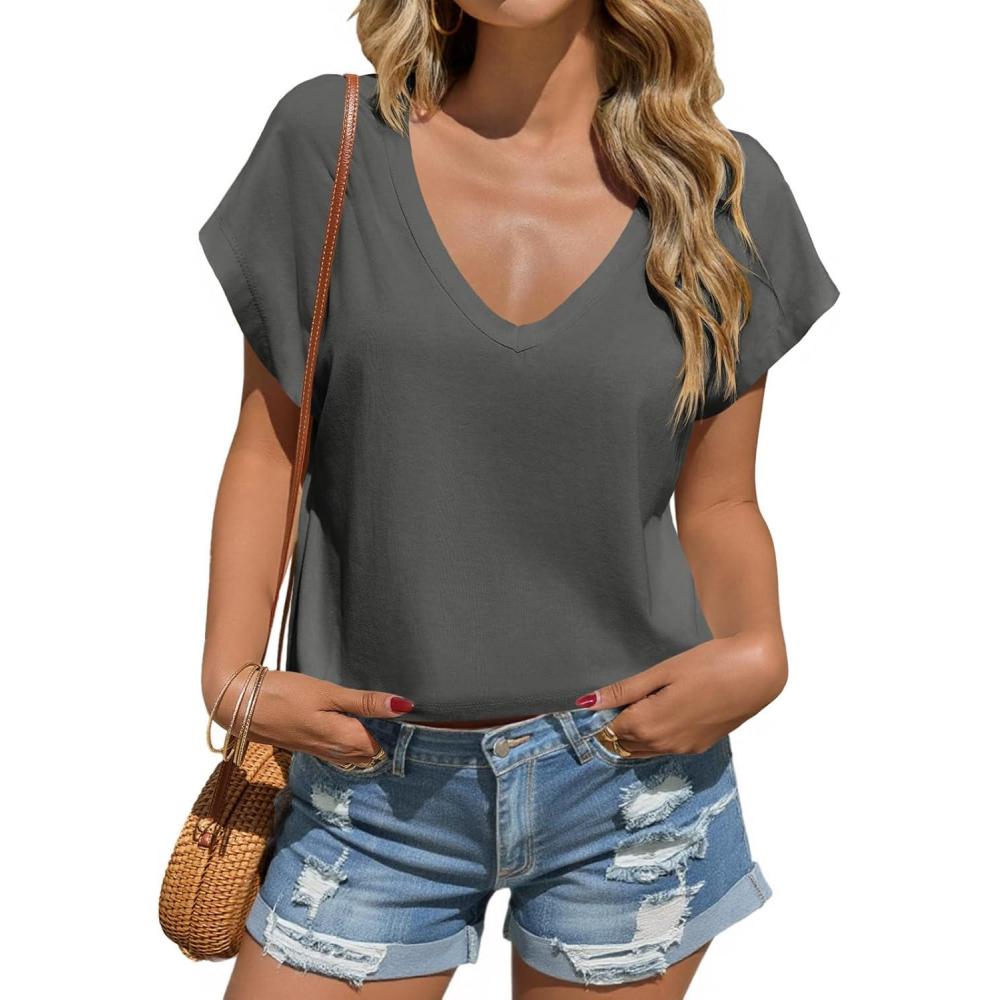 imageTankaneo Womens Cropped Deep V Neck T Shirts Summer Casual Short Cap Sleeve Tops Loose Fit Basic TeeDark Grey