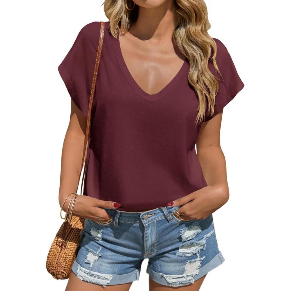 imageTankaneo Womens Cropped Deep V Neck T Shirts Summer Casual Short Cap Sleeve Tops Loose Fit Basic TeePurplish Red
