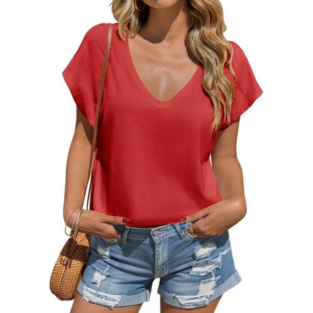 imageTankaneo Womens Cropped Deep V Neck T Shirts Summer Casual Short Cap Sleeve Tops Loose Fit Basic TeeRed