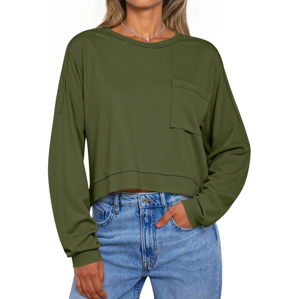 imageTankaneo Womens Cropped Long Sleeve Shirts Trendy Casual Boxy Fall Tops Loose Fit Crew Neck Tees TShirtArmy Green