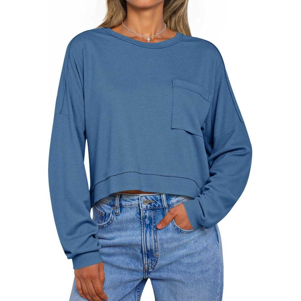 imageTankaneo Womens Cropped Long Sleeve Shirts Trendy Casual Boxy Fall Tops Loose Fit Crew Neck Tees TShirtBlue