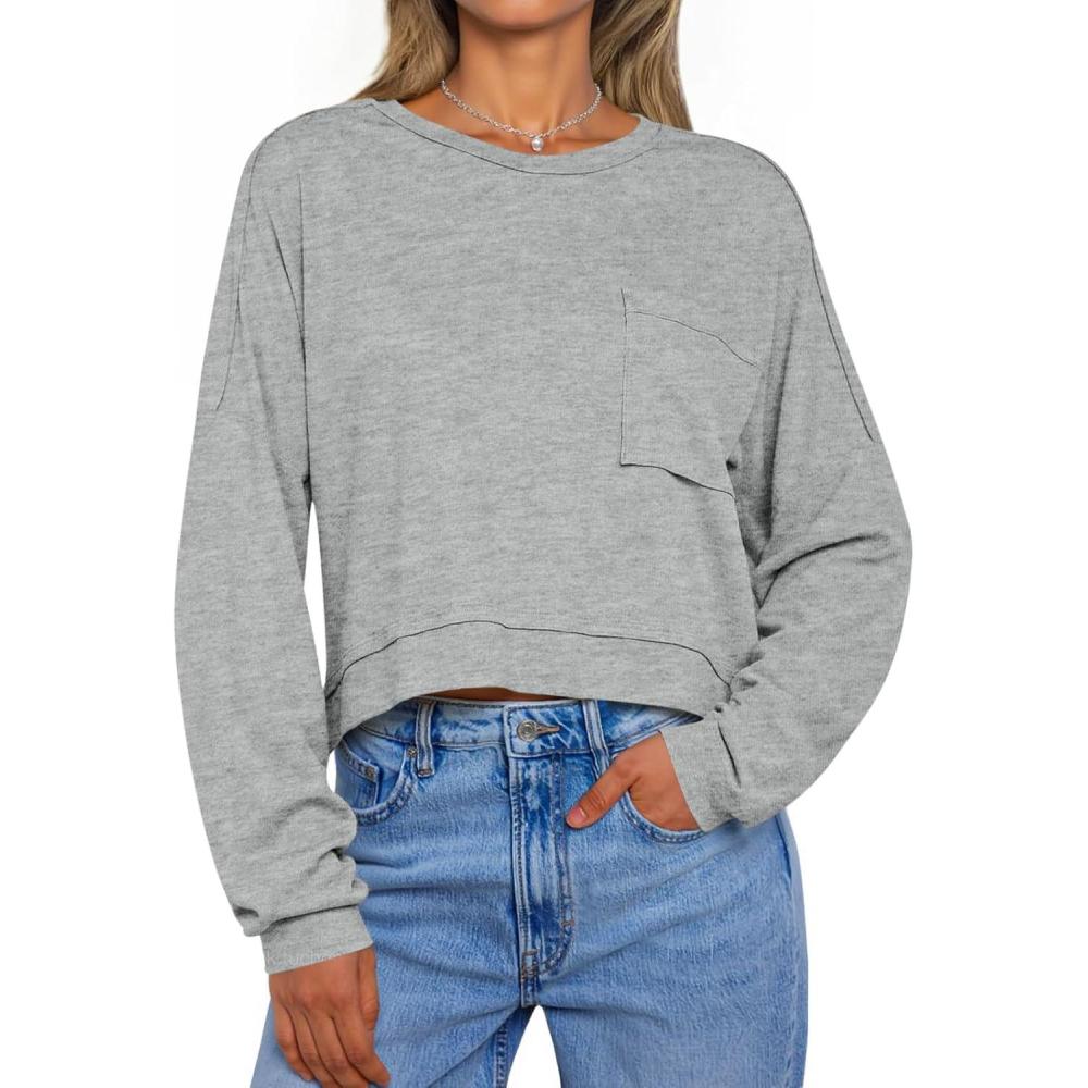 imageTankaneo Womens Cropped Long Sleeve Shirts Trendy Casual Boxy Fall Tops Loose Fit Crew Neck Tees TShirtGrey