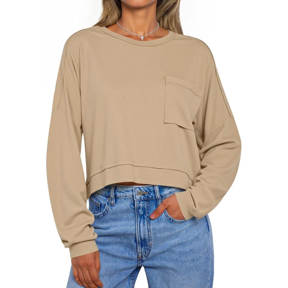 imageTankaneo Womens Cropped Long Sleeve Shirts Trendy Casual Boxy Fall Tops Loose Fit Crew Neck Tees TShirtKhaki