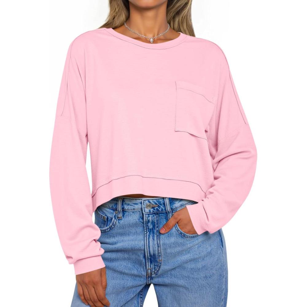 imageTankaneo Womens Cropped Long Sleeve Shirts Trendy Casual Boxy Fall Tops Loose Fit Crew Neck Tees TShirtPink