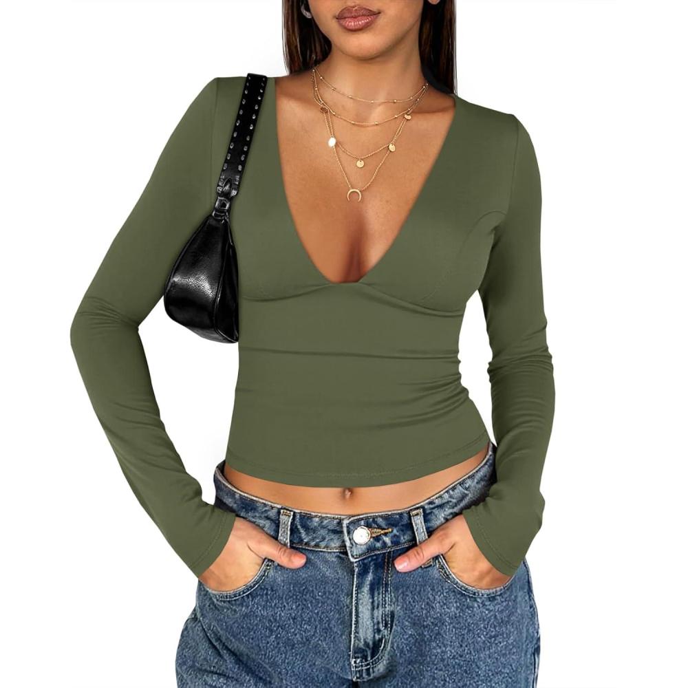 imageTankaneo Womens Deep V Neck T Shirts Sexy Long Sleeve Casual Going Out Cropped Tops Slim Fitted Y2K OutfitsArmy Green