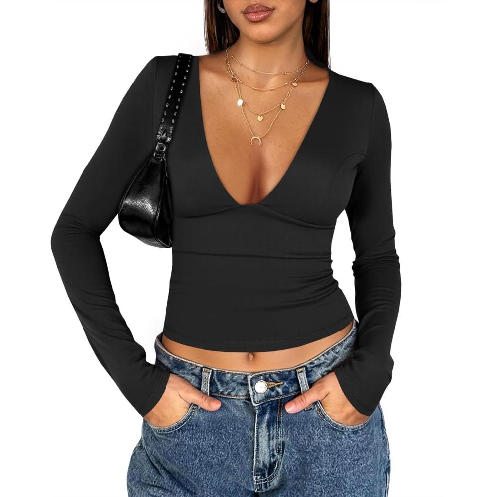 imageTankaneo Womens Deep V Neck T Shirts Sexy Long Sleeve Casual Going Out Cropped Tops Slim Fitted Y2K OutfitsBlack