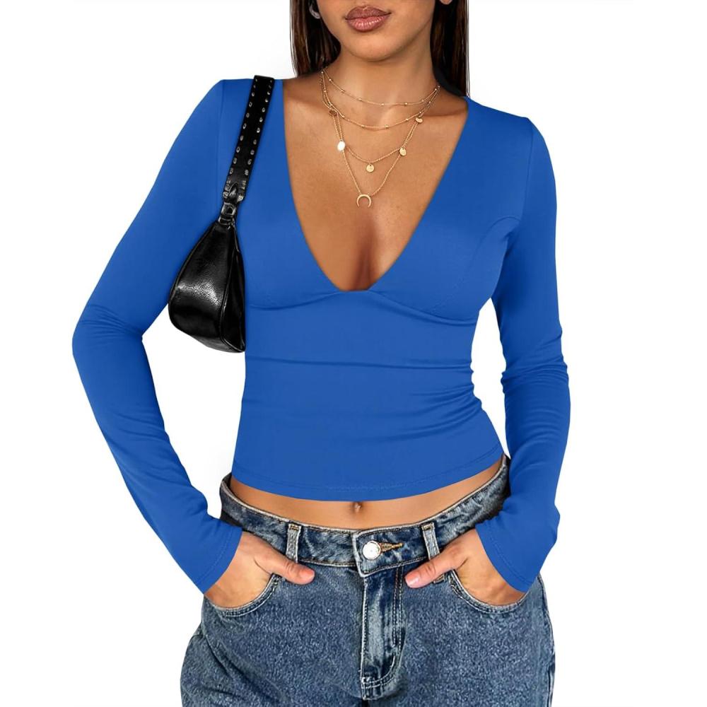 imageTankaneo Womens Deep V Neck T Shirts Sexy Long Sleeve Casual Going Out Cropped Tops Slim Fitted Y2K OutfitsBlue