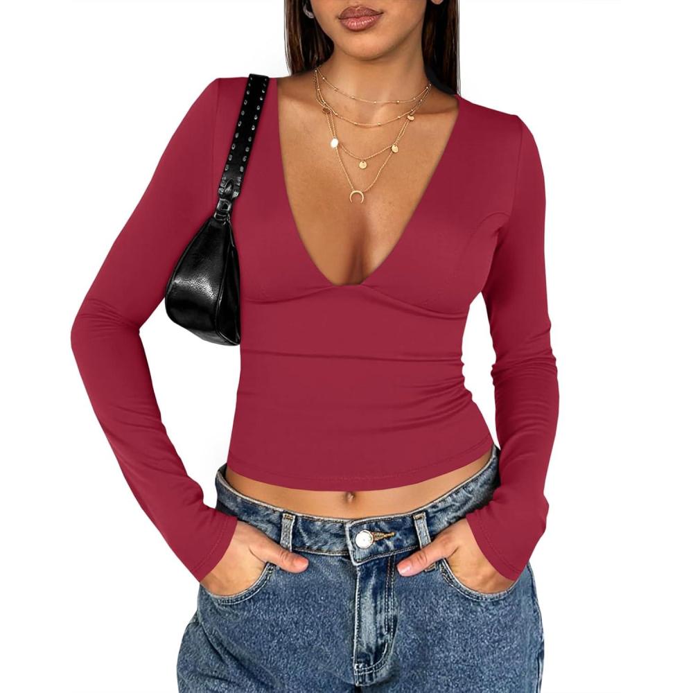 imageTankaneo Womens Deep V Neck T Shirts Sexy Long Sleeve Casual Going Out Cropped Tops Slim Fitted Y2K OutfitsBurgundy