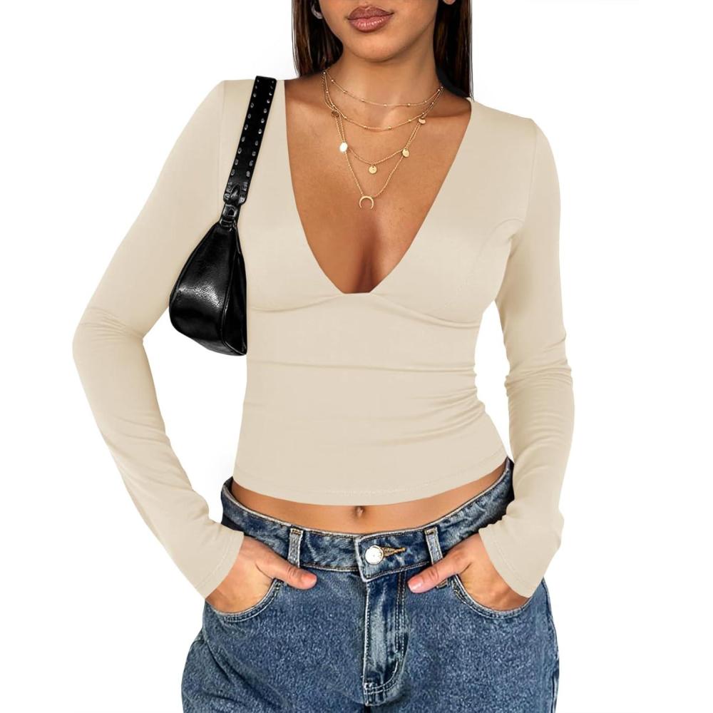 imageTankaneo Womens Deep V Neck T Shirts Sexy Long Sleeve Casual Going Out Cropped Tops Slim Fitted Y2K OutfitsKhaki