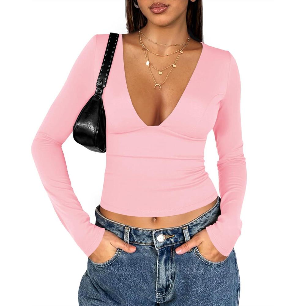 imageTankaneo Womens Deep V Neck T Shirts Sexy Long Sleeve Casual Going Out Cropped Tops Slim Fitted Y2K OutfitsPink
