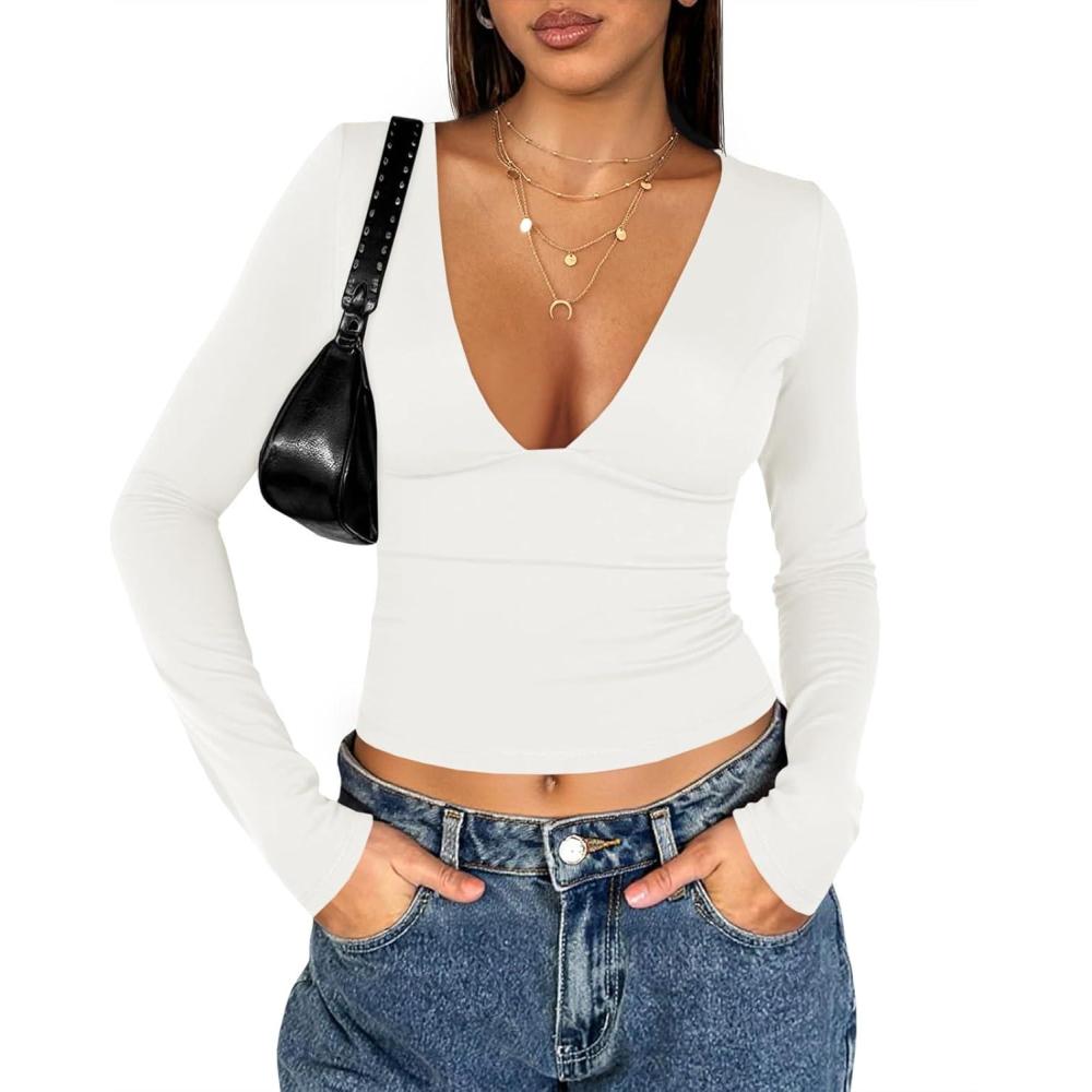 imageTankaneo Womens Deep V Neck T Shirts Sexy Long Sleeve Casual Going Out Cropped Tops Slim Fitted Y2K OutfitsWhite