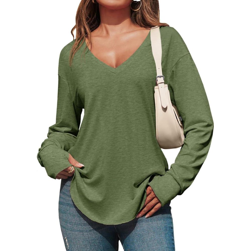 imageTankaneo Womens Deep V Neck Tunic Tops Long Sleeve Oversized Casual Loose Fit Curved Hem T ShirtsArmy Green