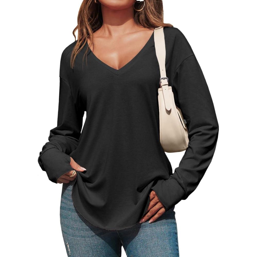imageTankaneo Womens Deep V Neck Tunic Tops Long Sleeve Oversized Casual Loose Fit Curved Hem T ShirtsBlack