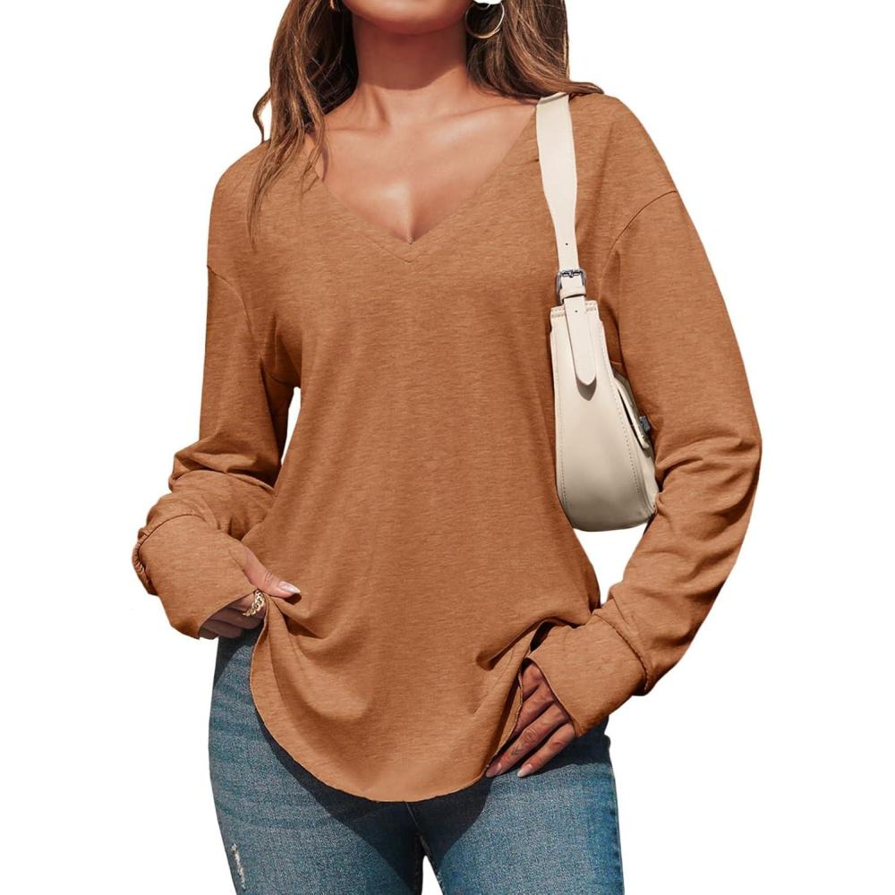 imageTankaneo Womens Deep V Neck Tunic Tops Long Sleeve Oversized Casual Loose Fit Curved Hem T ShirtsBrown