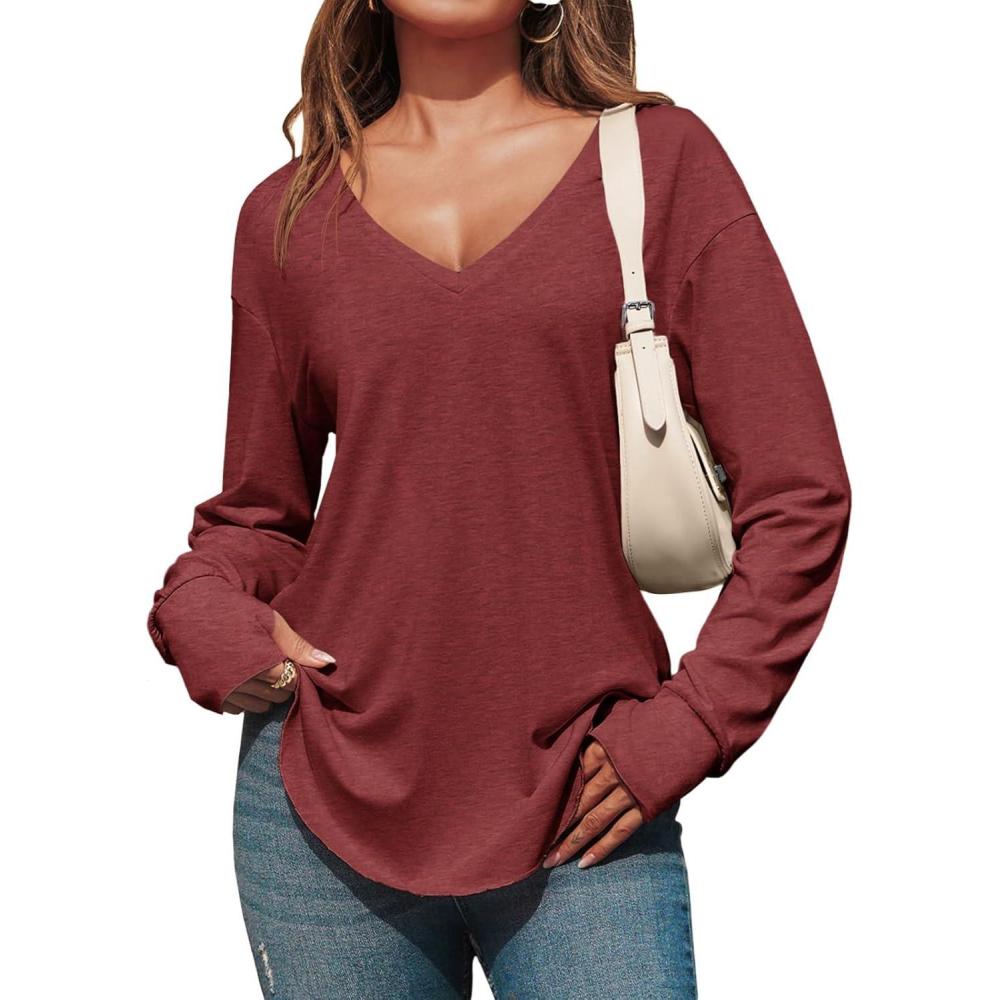 imageTankaneo Womens Deep V Neck Tunic Tops Long Sleeve Oversized Casual Loose Fit Curved Hem T ShirtsBurgundy
