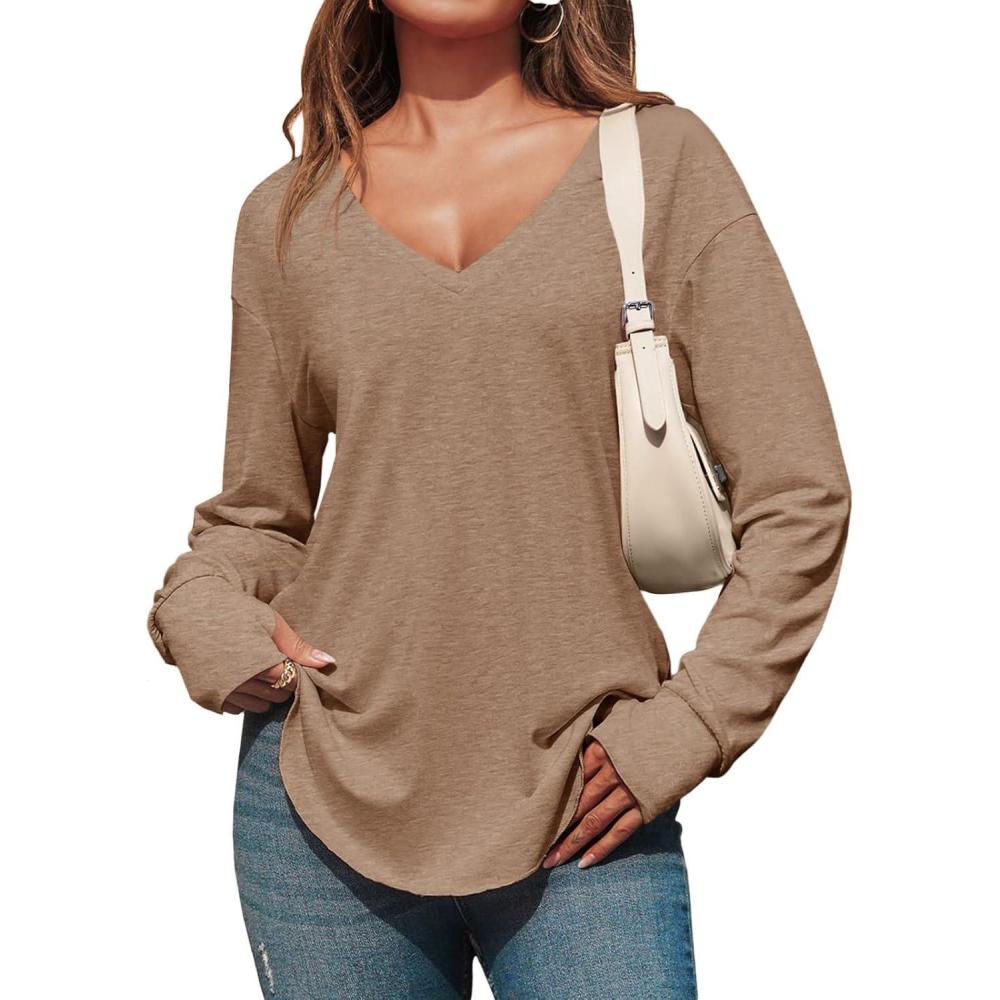 imageTankaneo Womens Deep V Neck Tunic Tops Long Sleeve Oversized Casual Loose Fit Curved Hem T ShirtsCoffee