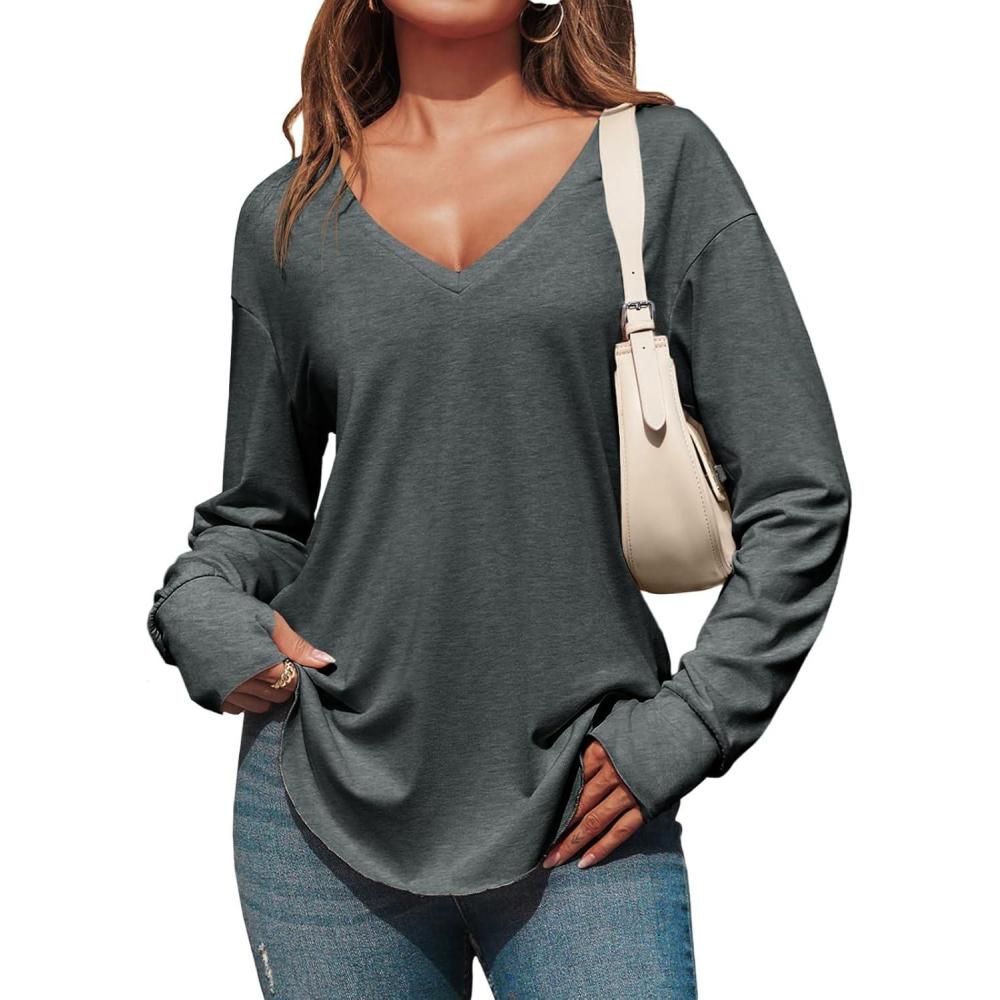 imageTankaneo Womens Deep V Neck Tunic Tops Long Sleeve Oversized Casual Loose Fit Curved Hem T ShirtsDark Grey