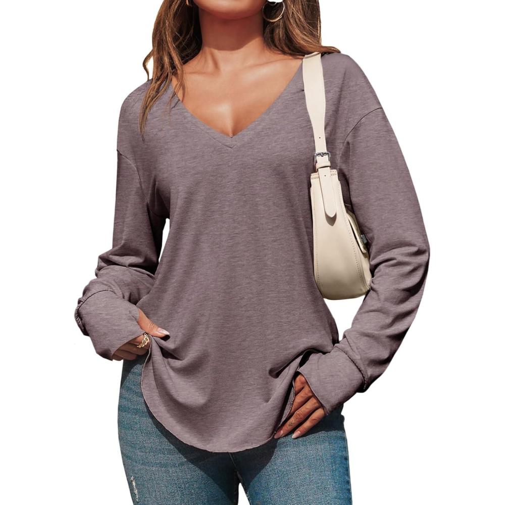 imageTankaneo Womens Deep V Neck Tunic Tops Long Sleeve Oversized Casual Loose Fit Curved Hem T ShirtsDark Khaki