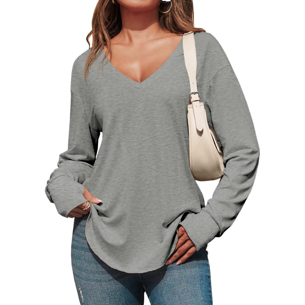 imageTankaneo Womens Deep V Neck Tunic Tops Long Sleeve Oversized Casual Loose Fit Curved Hem T ShirtsGrey