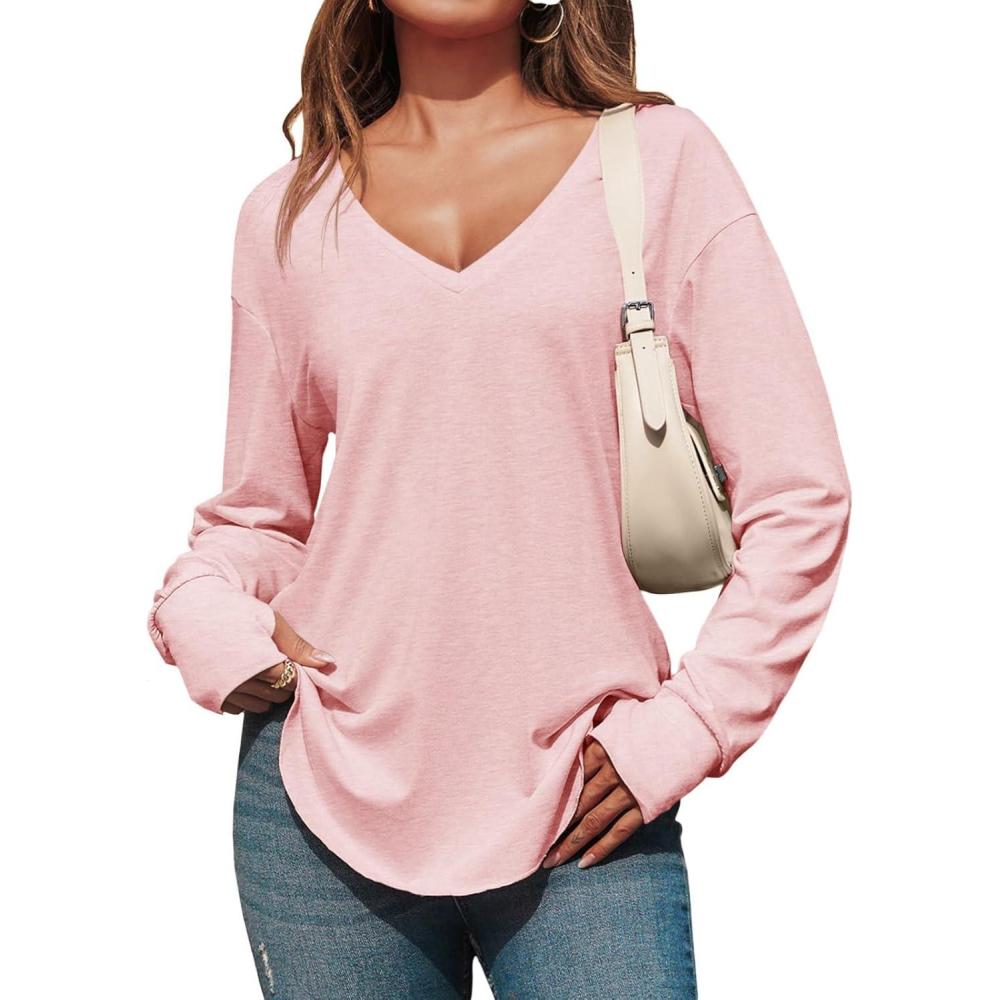 imageTankaneo Womens Deep V Neck Tunic Tops Long Sleeve Oversized Casual Loose Fit Curved Hem T ShirtsPink