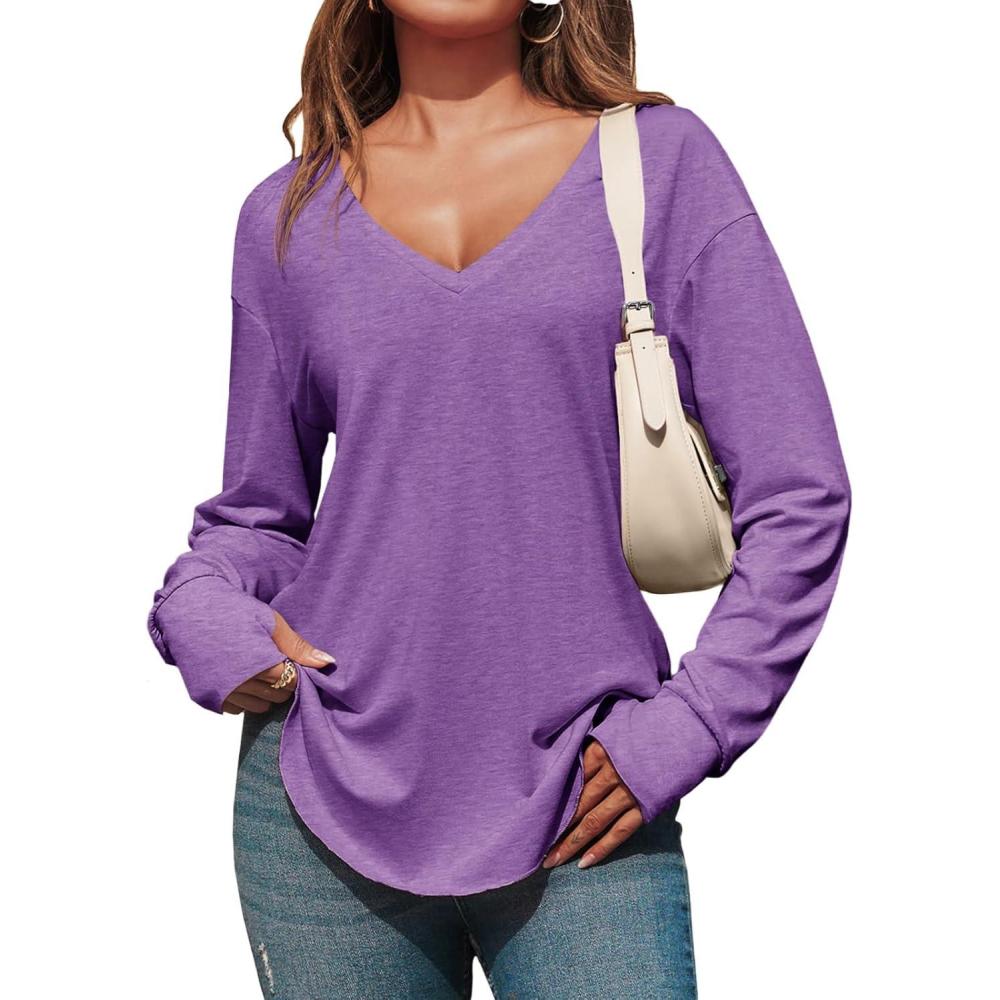 imageTankaneo Womens Deep V Neck Tunic Tops Long Sleeve Oversized Casual Loose Fit Curved Hem T ShirtsPurple