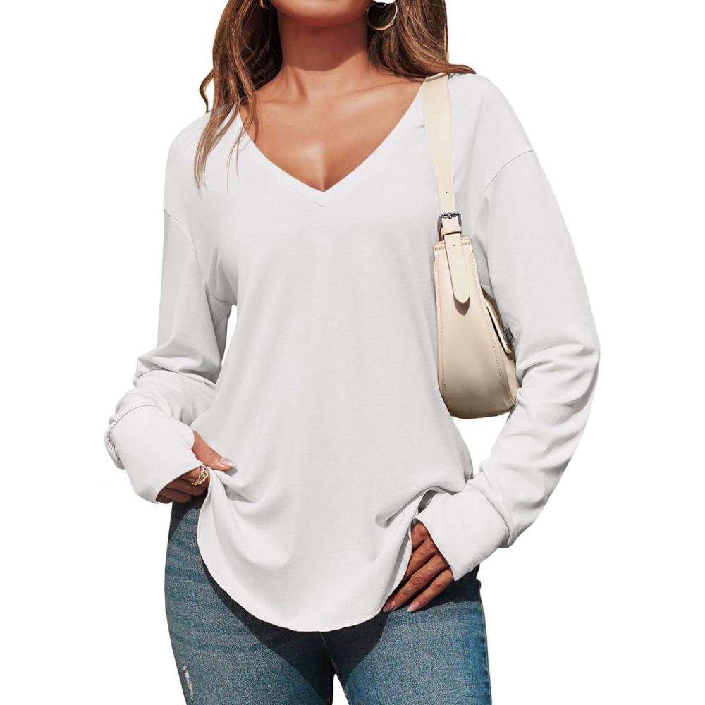 imageTankaneo Womens Deep V Neck Tunic Tops Long Sleeve Oversized Casual Loose Fit Curved Hem T ShirtsWhite