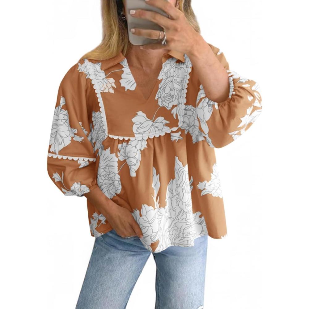 imageTankaneo Womens Floral Peplum Babydoll Tops 34 Puff Sleeve Pleated Blouse Cute Casual V Neck Loose Fit Flowy Boho ShirtsBrown