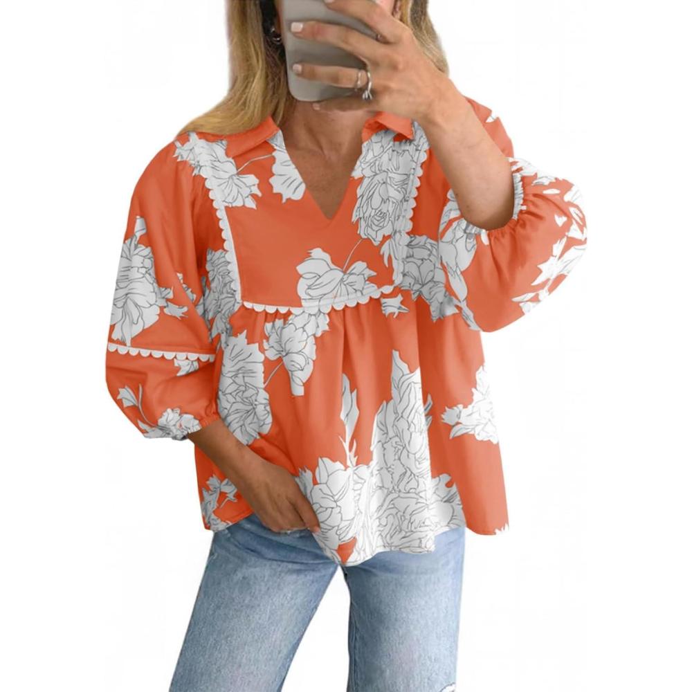 imageTankaneo Womens Floral Peplum Babydoll Tops 34 Puff Sleeve Pleated Blouse Cute Casual V Neck Loose Fit Flowy Boho ShirtsOrange