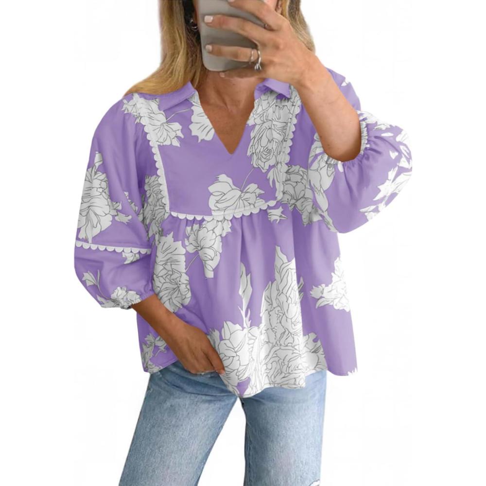 imageTankaneo Womens Floral Peplum Babydoll Tops 34 Puff Sleeve Pleated Blouse Cute Casual V Neck Loose Fit Flowy Boho ShirtsPurple