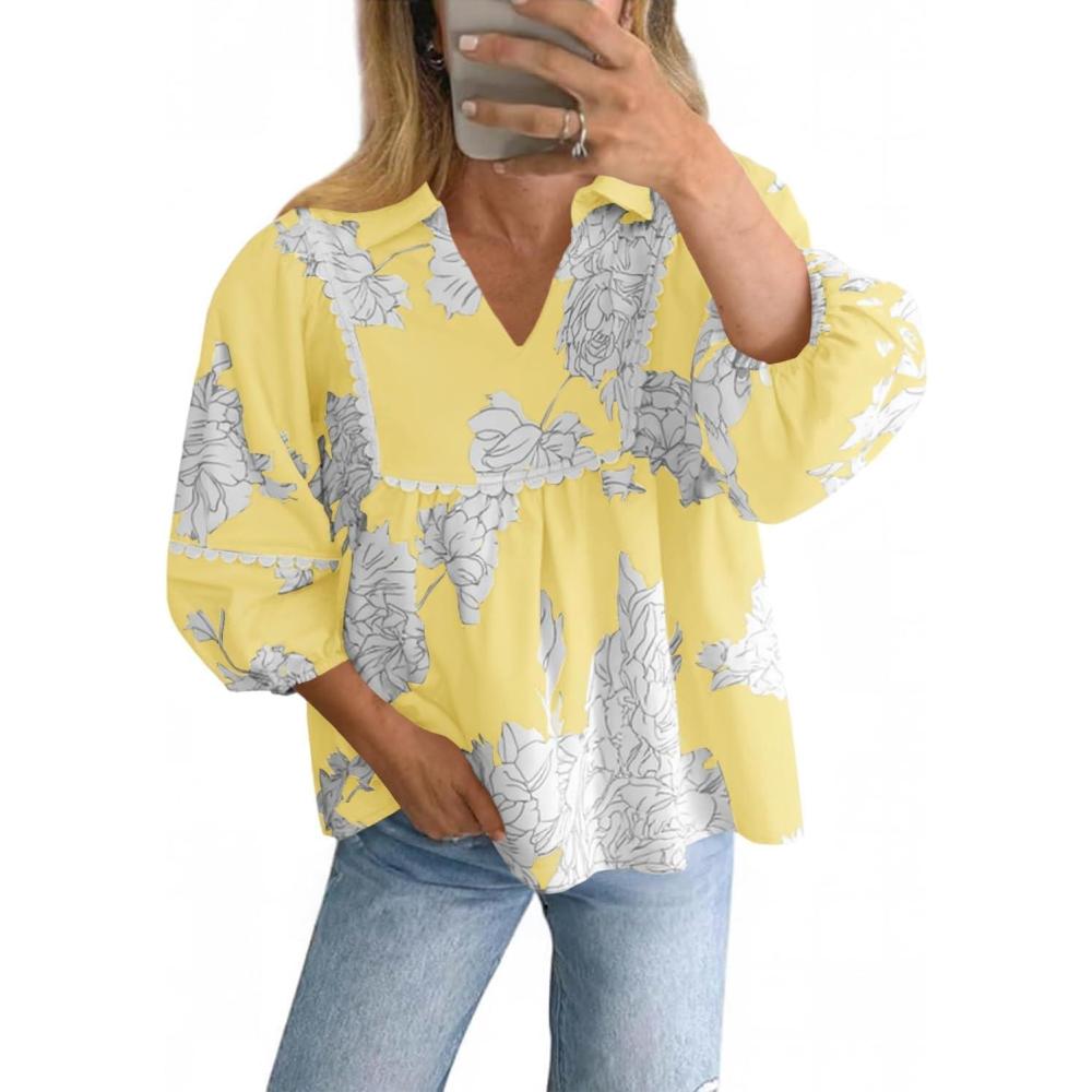 imageTankaneo Womens Floral Peplum Babydoll Tops 34 Puff Sleeve Pleated Blouse Cute Casual V Neck Loose Fit Flowy Boho ShirtsYellow