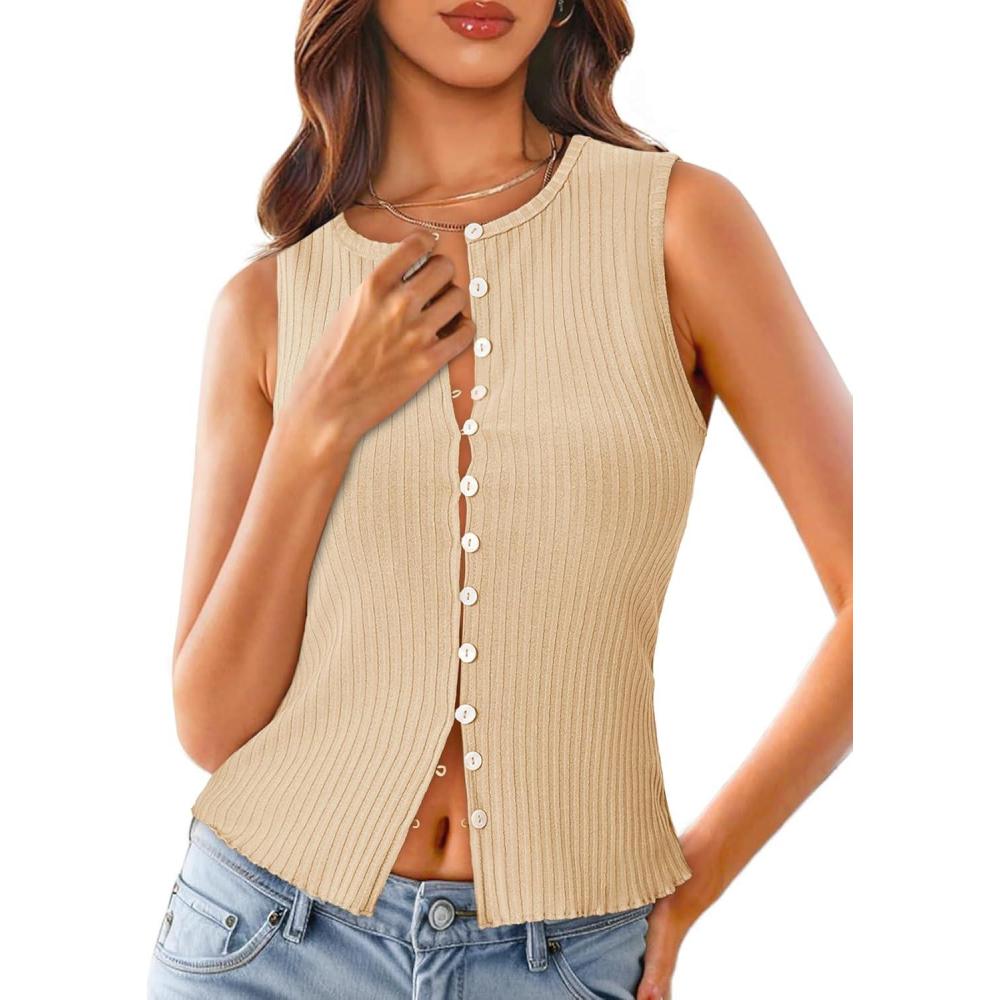 imageTankaneo Womens Going Out Tops Summer Cute Ribbed Tank Crop Button Up Vest Top Y2K Sexy OutfitsBeige
