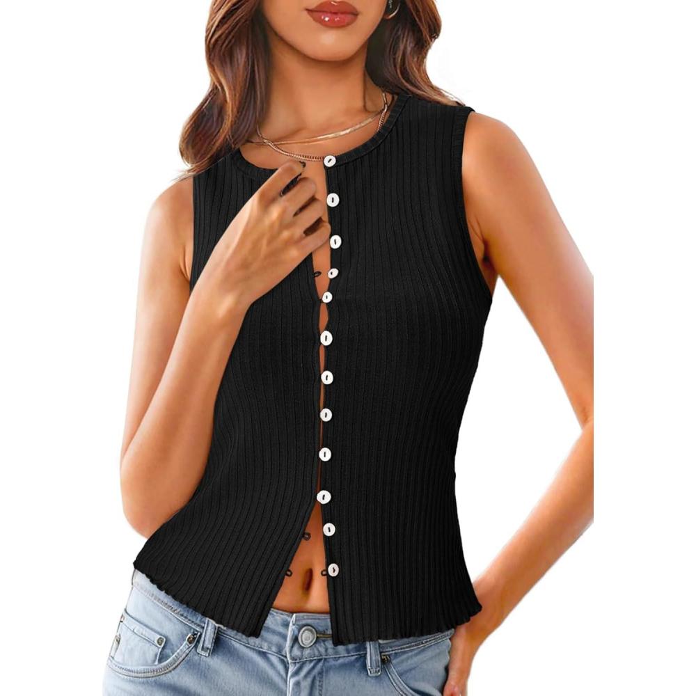 imageTankaneo Womens Going Out Tops Summer Cute Ribbed Tank Crop Button Up Vest Top Y2K Sexy OutfitsBlack
