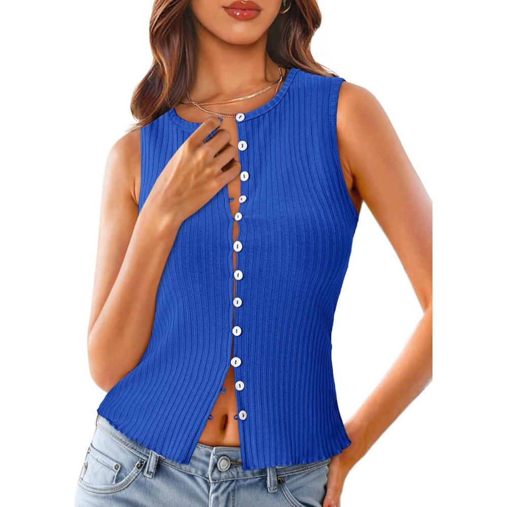 imageTankaneo Womens Going Out Tops Summer Cute Ribbed Tank Crop Button Up Vest Top Y2K Sexy OutfitsBlue