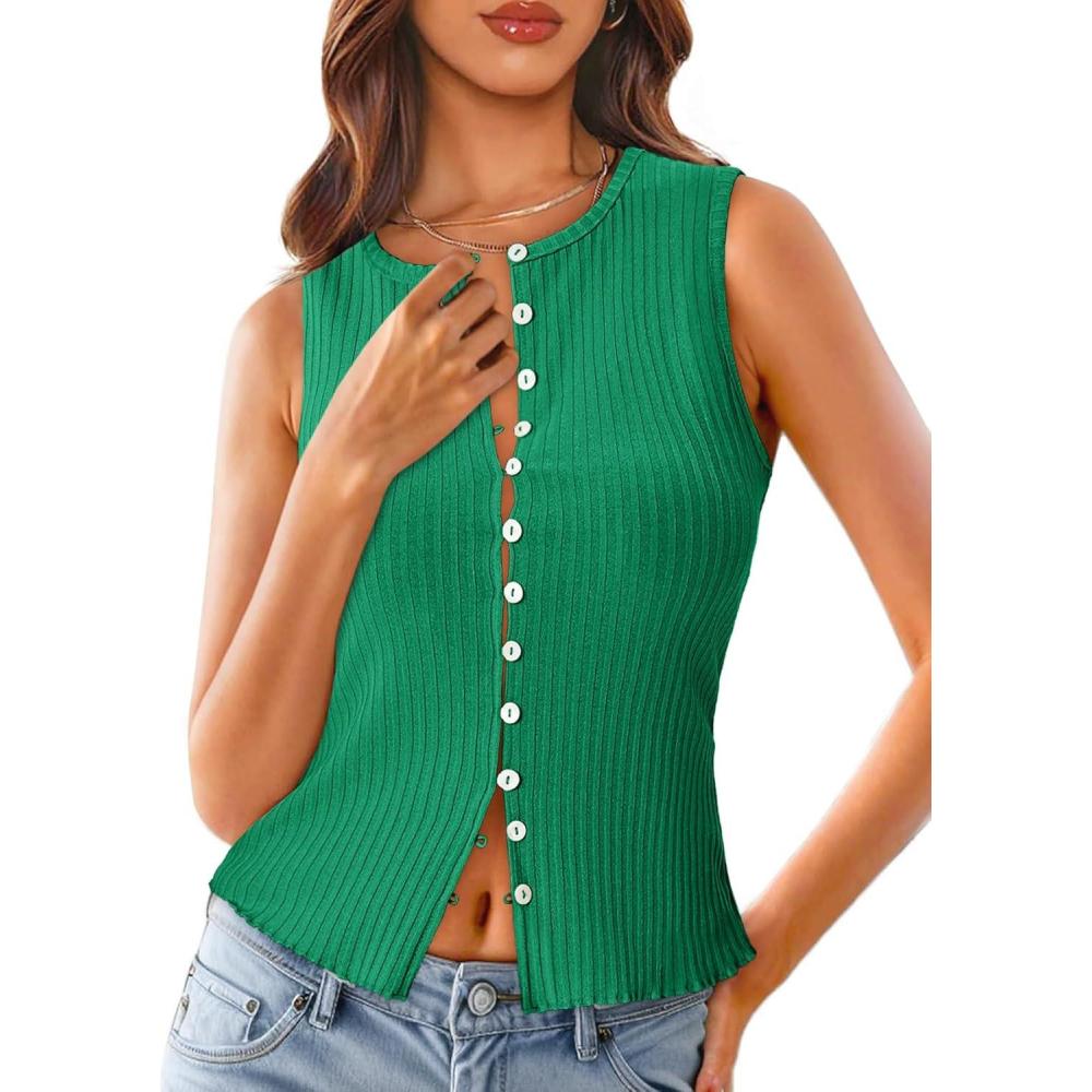 imageTankaneo Womens Going Out Tops Summer Cute Ribbed Tank Crop Button Up Vest Top Y2K Sexy OutfitsGreen