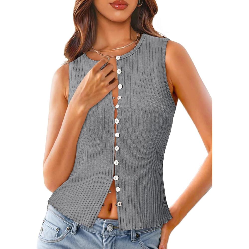 imageTankaneo Womens Going Out Tops Summer Cute Ribbed Tank Crop Button Up Vest Top Y2K Sexy OutfitsGrey