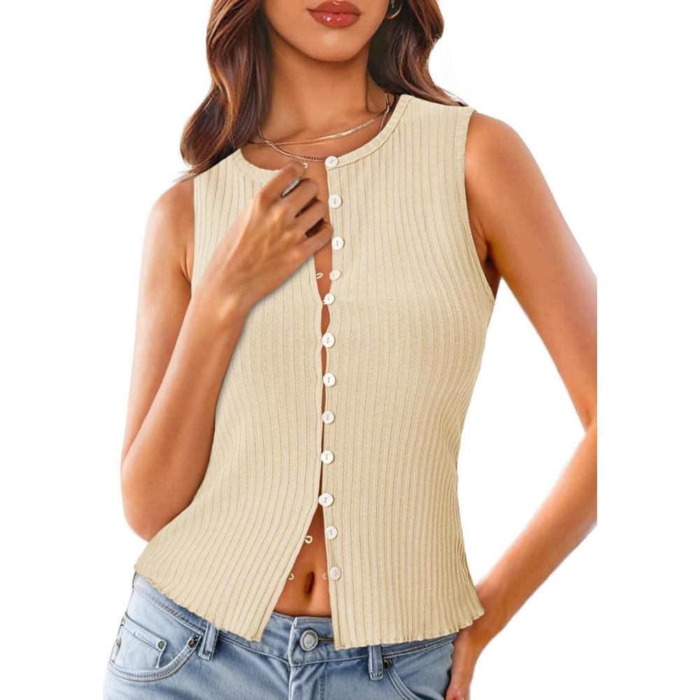 imageTankaneo Womens Going Out Tops Summer Cute Ribbed Tank Crop Button Up Vest Top Y2K Sexy OutfitsLight Beige