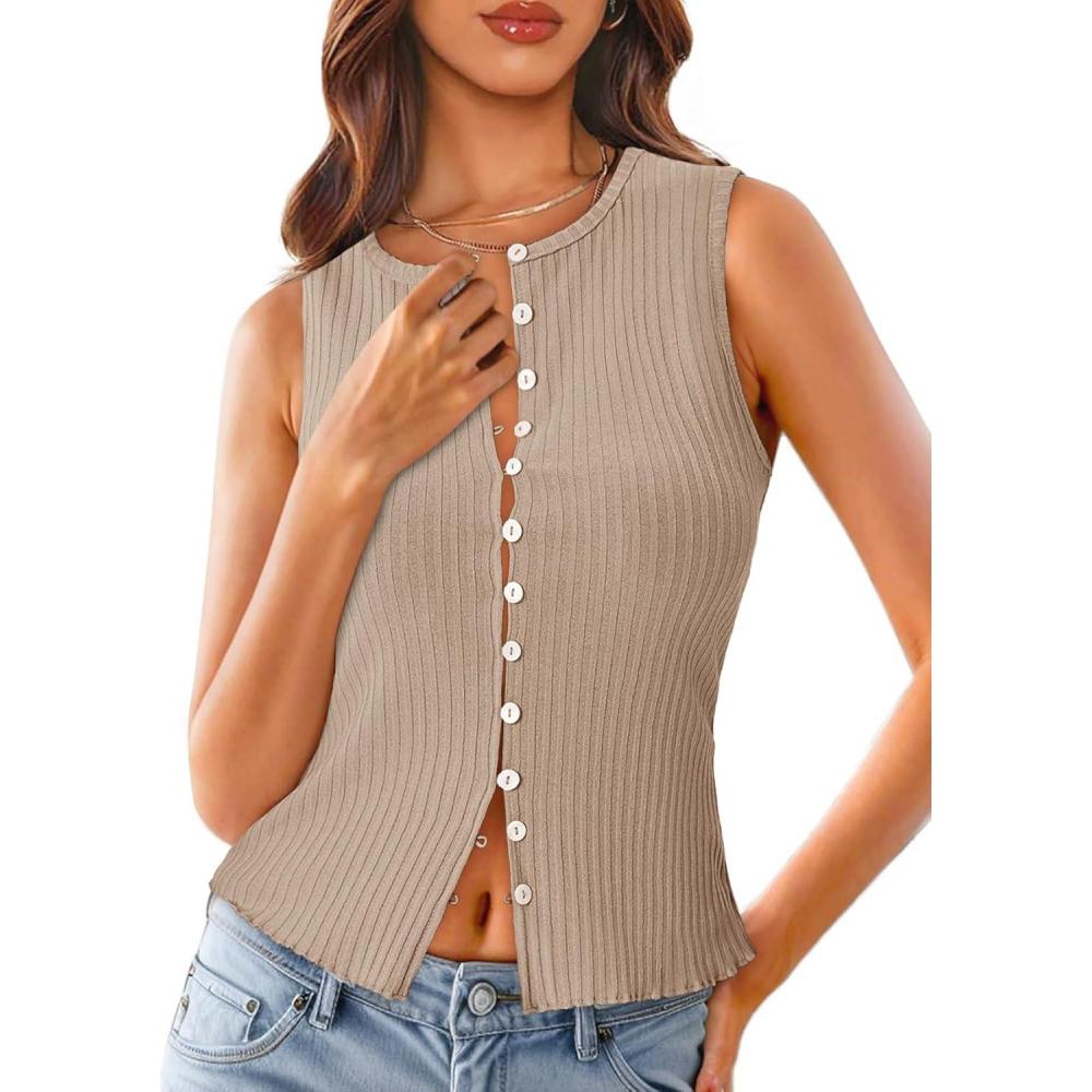 imageTankaneo Womens Going Out Tops Summer Cute Ribbed Tank Crop Button Up Vest Top Y2K Sexy OutfitsLight Khaki