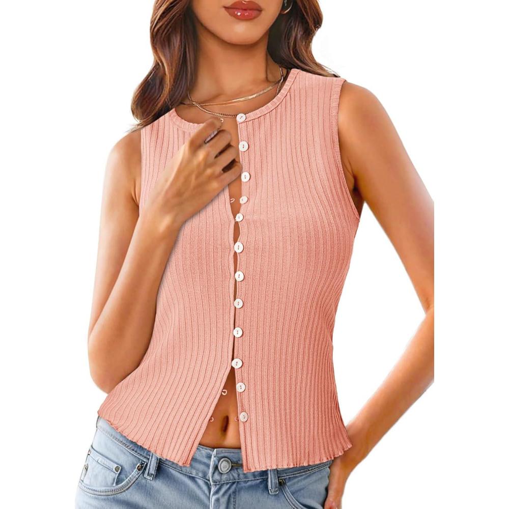 imageTankaneo Womens Going Out Tops Summer Cute Ribbed Tank Crop Button Up Vest Top Y2K Sexy OutfitsLight Pink
