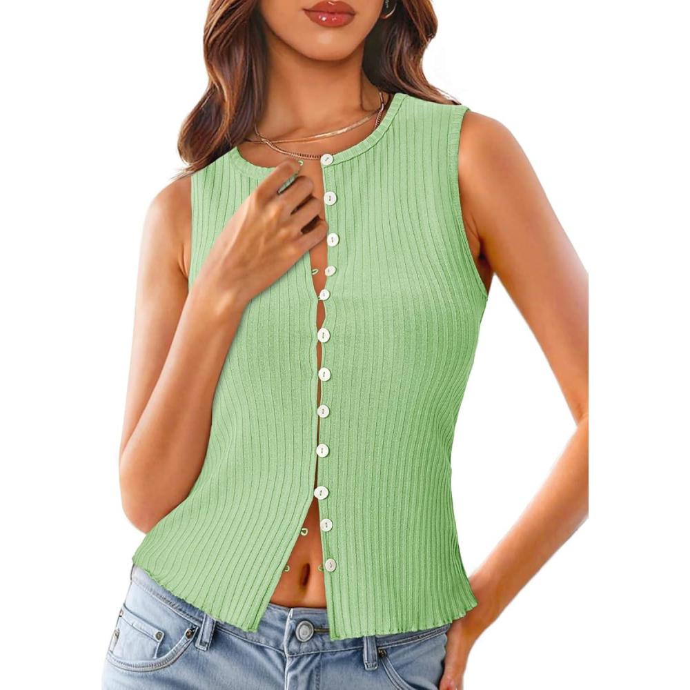 imageTankaneo Womens Going Out Tops Summer Cute Ribbed Tank Crop Button Up Vest Top Y2K Sexy OutfitsMint