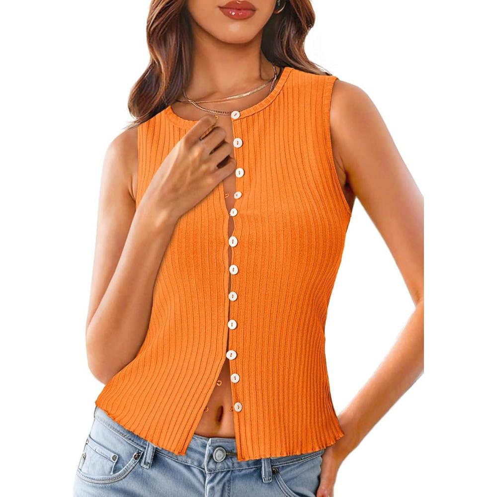 imageTankaneo Womens Going Out Tops Summer Cute Ribbed Tank Crop Button Up Vest Top Y2K Sexy OutfitsOrange
