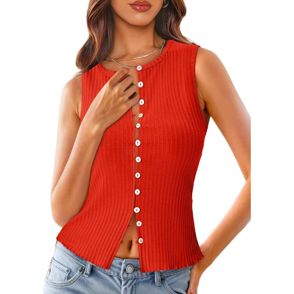 imageTankaneo Womens Going Out Tops Summer Cute Ribbed Tank Crop Button Up Vest Top Y2K Sexy OutfitsOrange Red